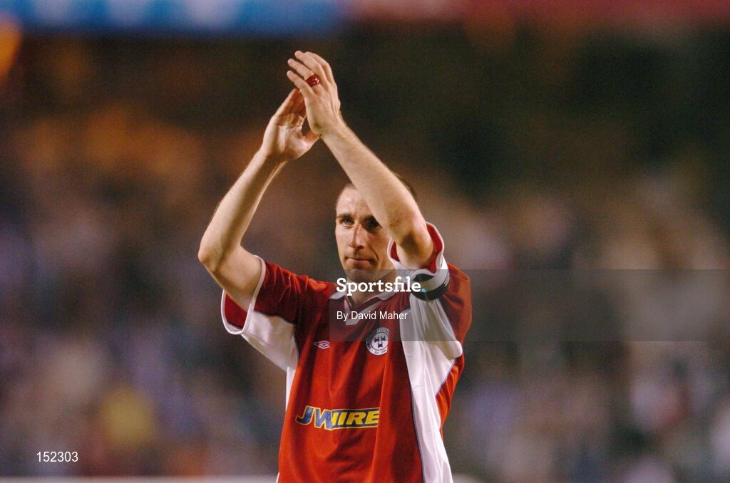 24 August 2004; A dejected Owen Heary, Shelbourne, at the end of the game after defeat to Deportivo La Coruna. UEFA Champions League, 3rd Round Second Leg Qualifier, Deportivo La Coruna v Shelbourne, Riazor stadium. La Coruna, Spain. Picture credit; David Maher / SPORTSFILE