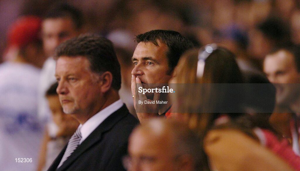 24 August 2004; Pat Fenlon, Shelbourne manager, watches from the stands after been sent off during the second half by referee Alain Hamer. UEFA Champions League, 3rd Round Second Leg Qualifier, Deportivo La Coruna v Shelbourne, Riazor stadium. La Coruna, Spain. Picture credit; David Maher / SPORTSFILE