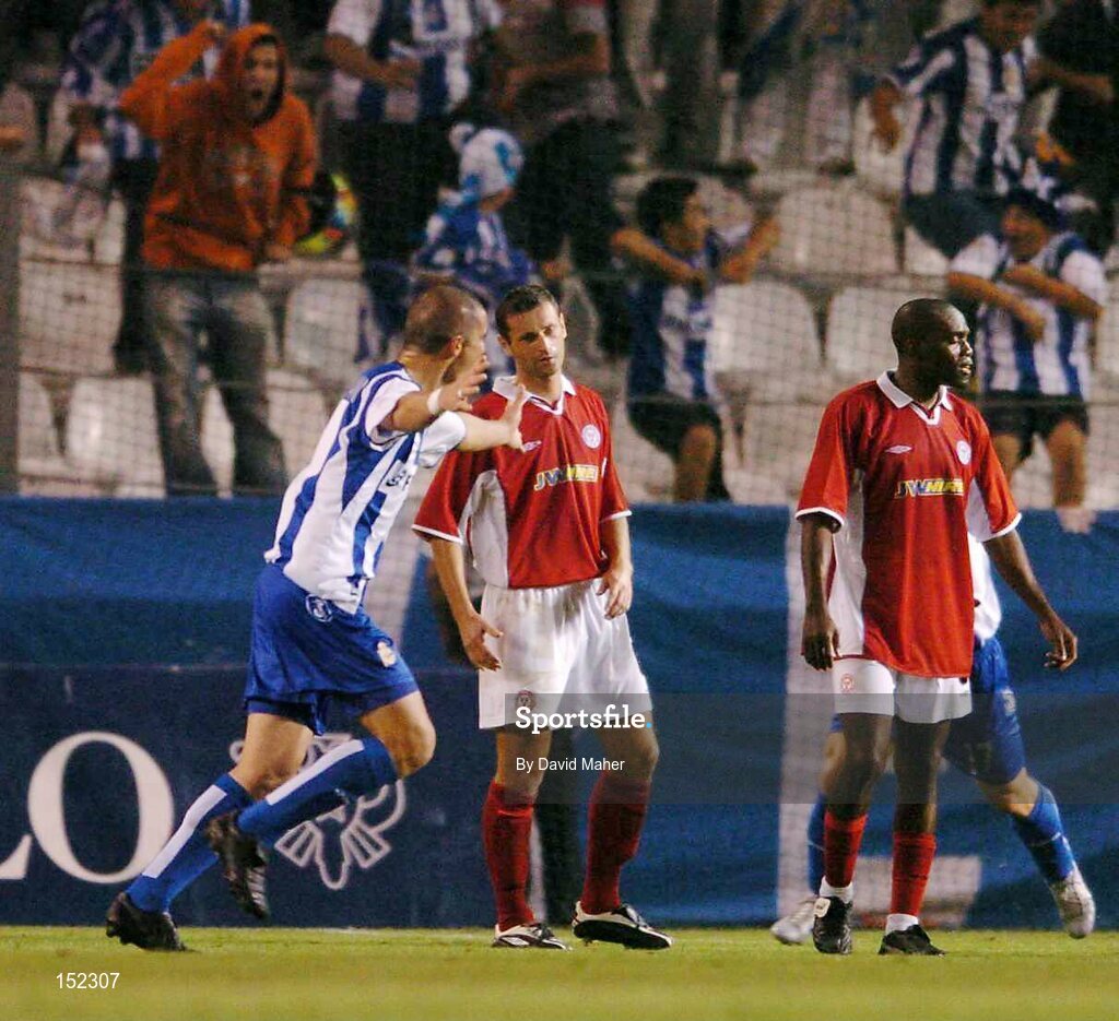 24 August 2004; Walter Pandiani, Deportivo La Coruna, celebrates after scoring his sides third goal, as shelbourne players Alan Moore, left and Joseph Ndo  look on. UEFA Champions League, 3rd Round Second Leg Qualifier, Deportivo La Coruna v Shelbourne, Riazor stadium. La Coruna, Spain. Picture credit; David Maher / SPORTSFILE
