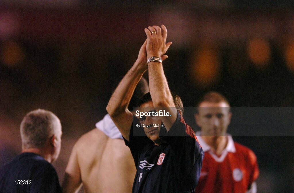 24 August 2004; A dejected Shelbourne manager Pat Fenlon after defeat to Deportivo La Coruna. UEFA Champions League, 3rd Round Second Leg Qualifier, Deportivo La Coruna v Shelbourne, Riazor stadium. La Coruna, Spain. Picture credit; David Maher / SPORTSFILE