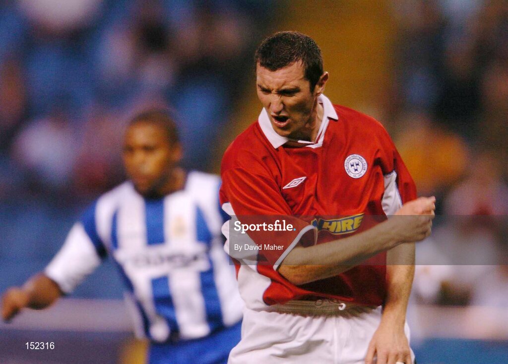 24 August 2004; Jason Byrne, Shelbourne, shows his emotions after an attempt on goal. UEFA Champions League, 3rd Round Second Leg Qualifier, Deportivo La Coruna v Shelbourne, Riazor stadium. La Coruna, Spain. Picture credit; David Maher / SPORTSFILE
