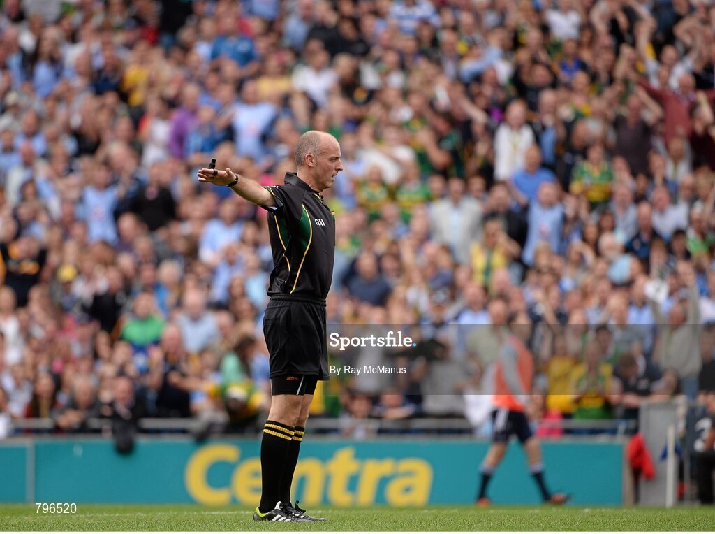 1 September 2013; Referee Cormac Reilly signals a penalty. GAA Football All-Ireland Senior Championship, Semi-Final, Dublin v Kerry, Croke Park, Dublin. Picture credit: Ray McManus / SPORTSFILE
