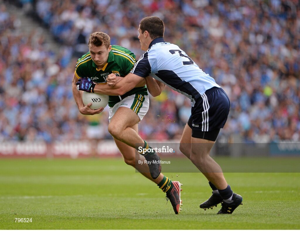 1 September 2013; James O'Donoghue, Kerry, in action against Rory O'Carroll, Dublin. GAA Football All-Ireland Senior Championship, Semi-Final, Dublin v Kerry, Croke Park, Dublin. Picture credit: Ray McManus / SPORTSFILE