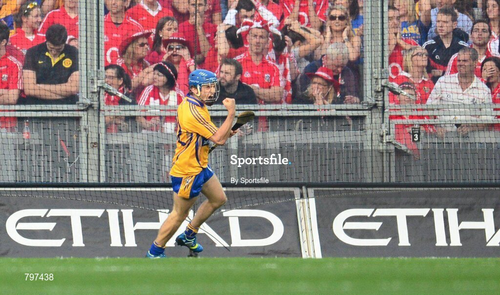 28 September 2013; Shane O'Donnell, Clare, celebrates after scoring his side's first goal. GAA Hurling All-Ireland Senior Championship Final Replay, Cork v Clare, Croke Park, Dublin. Photo by Sportsfile