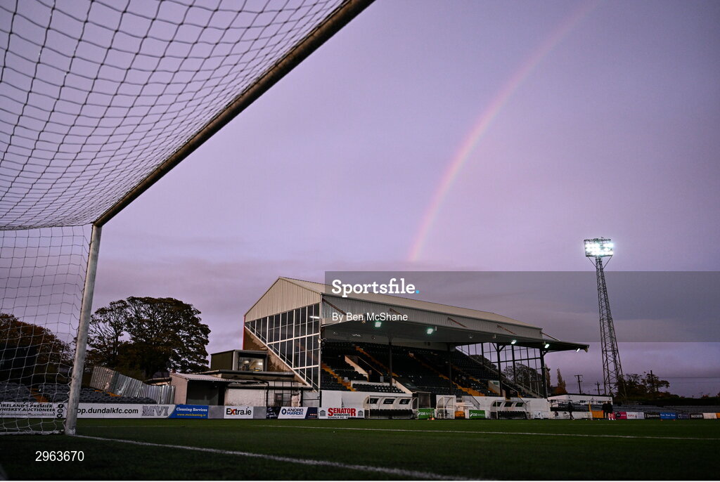 18 October 2024; A rainbow is seen above Oriel Park before the SSE Airtricity Men's Premier Division match between Dundalk and Derry City at Oriel Park in Dundalk, Louth. Photo by Ben McShane/Sportsfile
