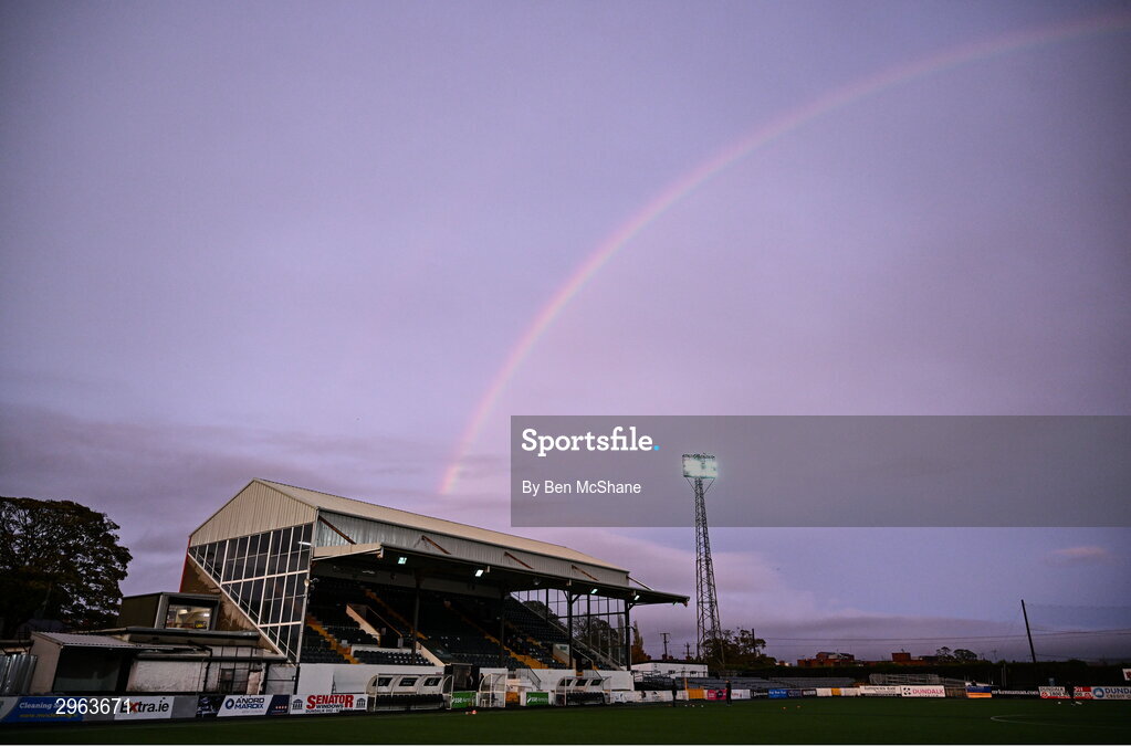 18 October 2024; A rainbow is seen above Oriel Park before the SSE Airtricity Men's Premier Division match between Dundalk and Derry City at Oriel Park in Dundalk, Louth. Photo by Ben McShane/Sportsfile