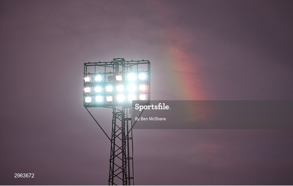 18 October 2024; A rainbow is seen above Oriel Park before the SSE Airtricity Men's Premier Division match between Dundalk and Derry City at Oriel Park in Dundalk, Louth. Photo by Ben McShane/Sportsfile