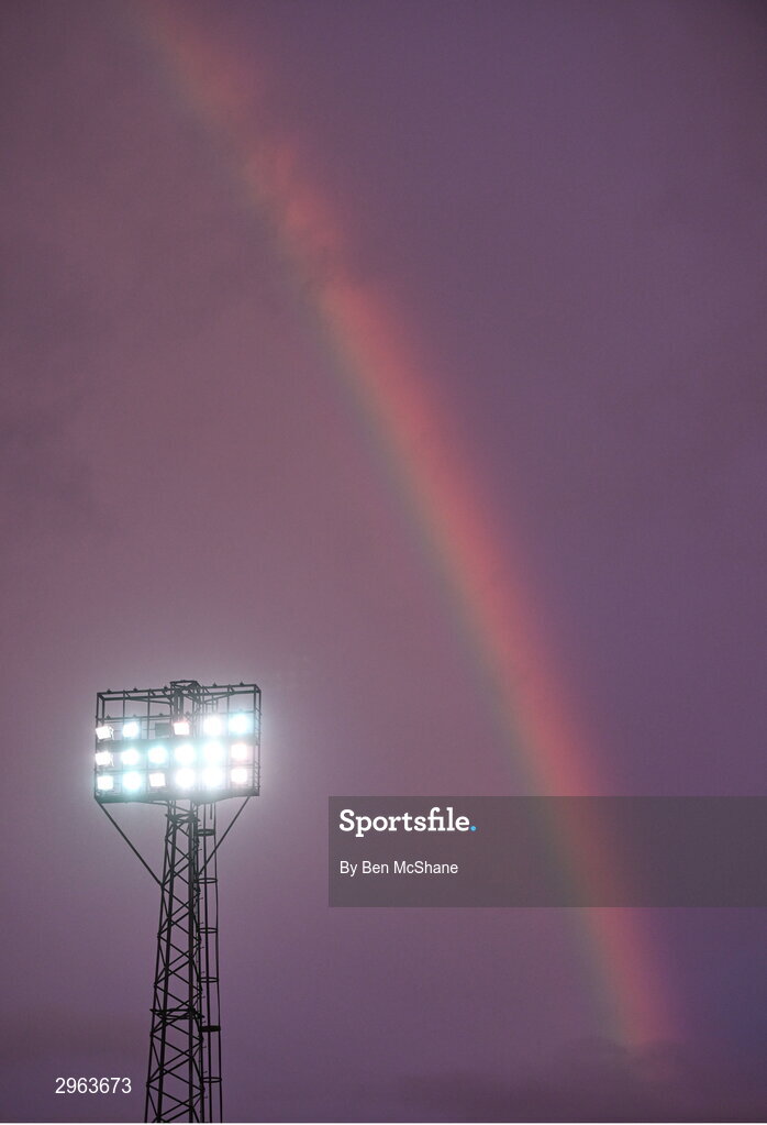 18 October 2024; A rainbow is seen above Oriel Park before the SSE Airtricity Men's Premier Division match between Dundalk and Derry City at Oriel Park in Dundalk, Louth. Photo by Ben McShane/Sportsfile