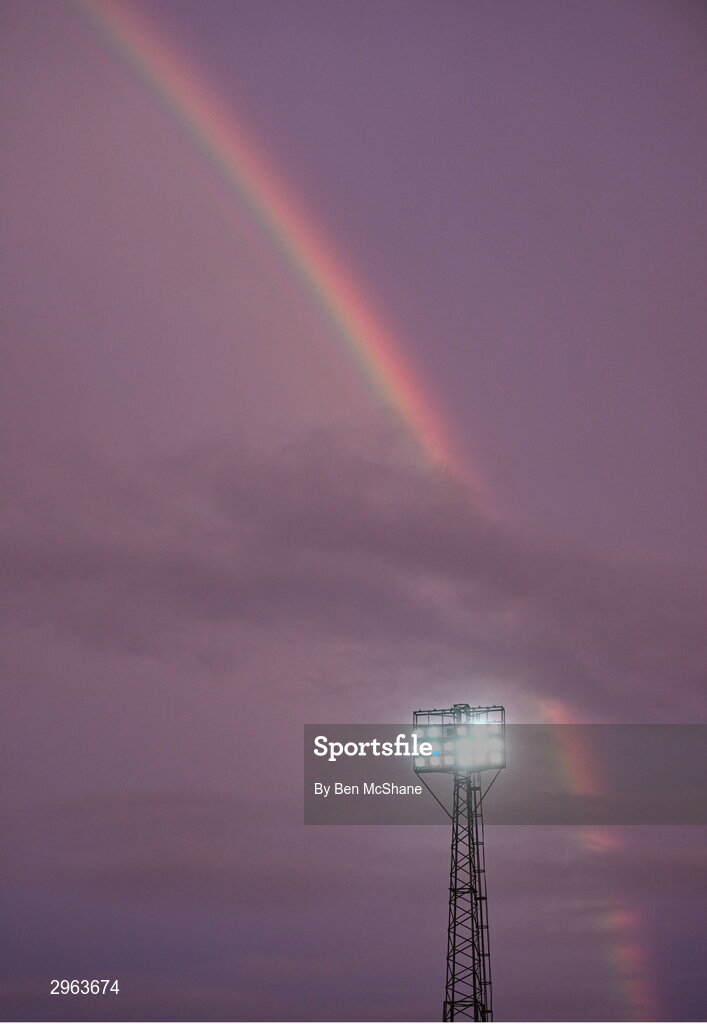 18 October 2024; A rainbow is seen above Oriel Park before the SSE Airtricity Men's Premier Division match between Dundalk and Derry City at Oriel Park in Dundalk, Louth. Photo by Ben McShane/Sportsfile