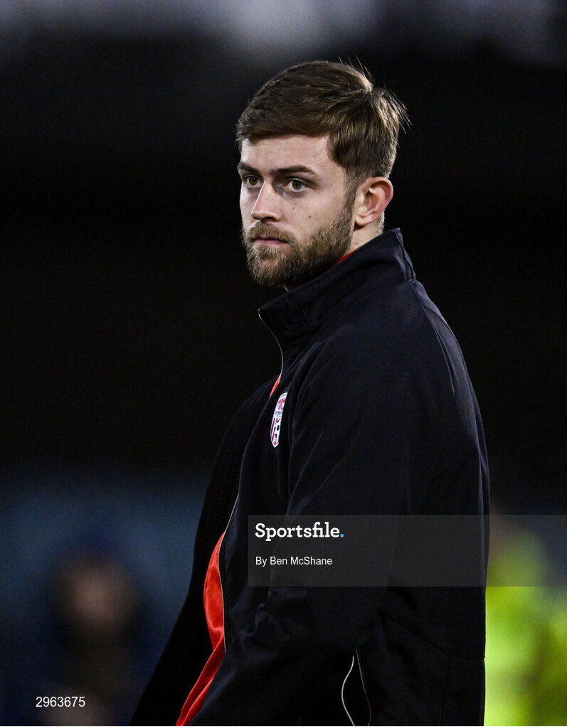 18 October 2024; Will Patching of Derry City before the SSE Airtricity Men's Premier Division match between Dundalk and Derry City at Oriel Park in Dundalk, Louth. Photo by Ben McShane/Sportsfile