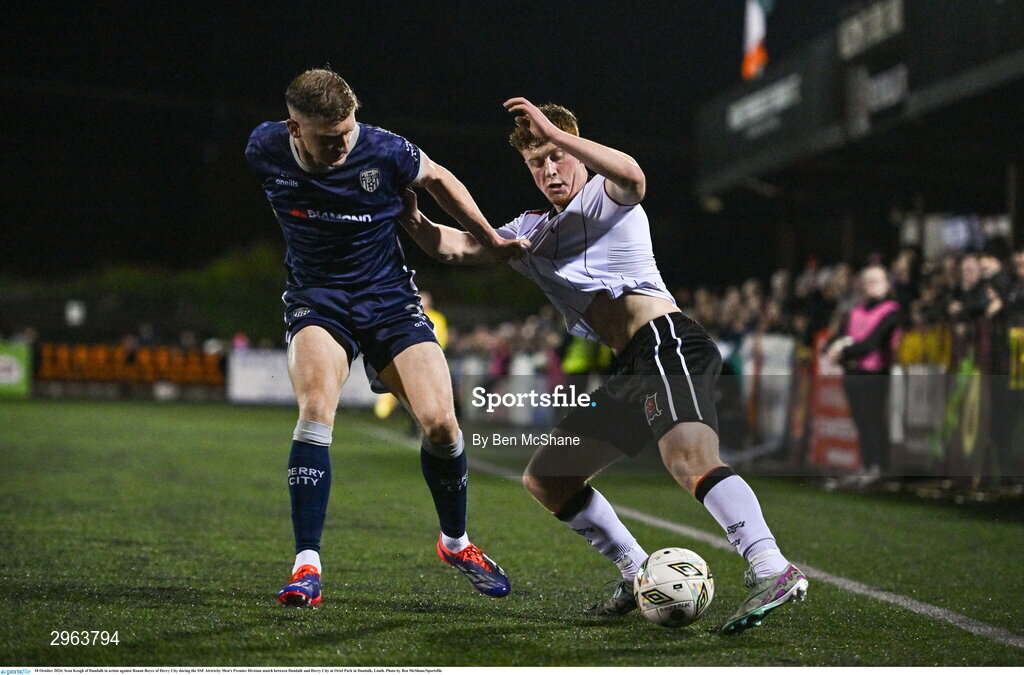 18 October 2024; Sean Keogh of Dundalk in action against Ronan Boyce of Derry City during the SSE Airtricity Men's Premier Division match between Dundalk and Derry City at Oriel Park in Dundalk, Louth. Photo by Ben McShane/Sportsfile