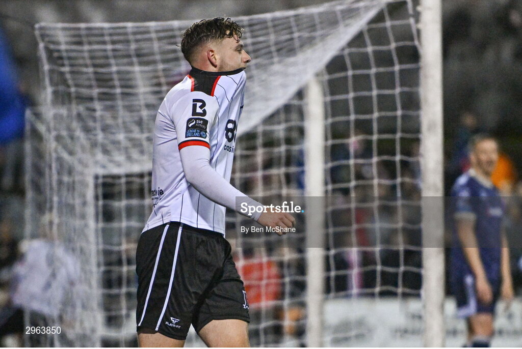 18 October 2024; Jamie Gullan of Dundalk reacts after a missed opportunity on goal during the SSE Airtricity Men's Premier Division match between Dundalk and Derry City at Oriel Park in Dundalk, Louth. Photo by Ben McShane/Sportsfile