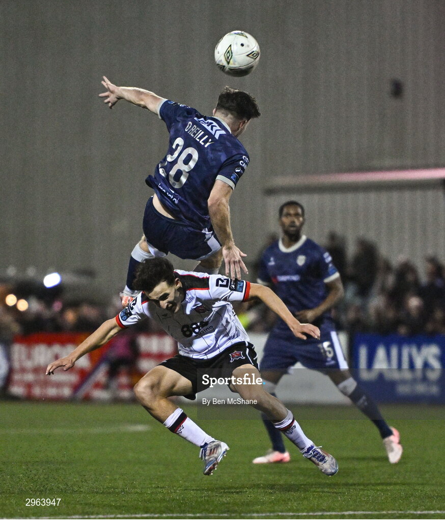 18 October 2024; Jad Hakiki of Dundalk and Adam O'Reilly of Derry City collide during the SSE Airtricity Men's Premier Division match between Dundalk and Derry City at Oriel Park in Dundalk, Louth. Photo by Ben McShane/Sportsfile