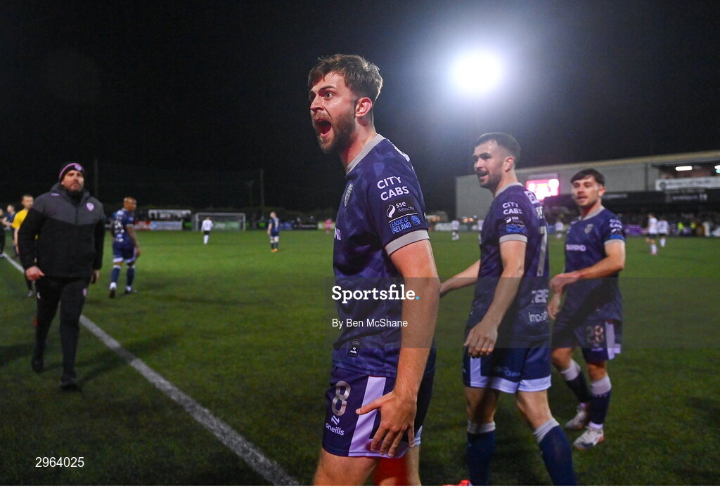 18 October 2024; Will Patching of Derry City celebrates after scoring his side's second goal during the SSE Airtricity Men's Premier Division match between Dundalk and Derry City at Oriel Park in Dundalk, Louth. Photo by Ben McShane/Sportsfile