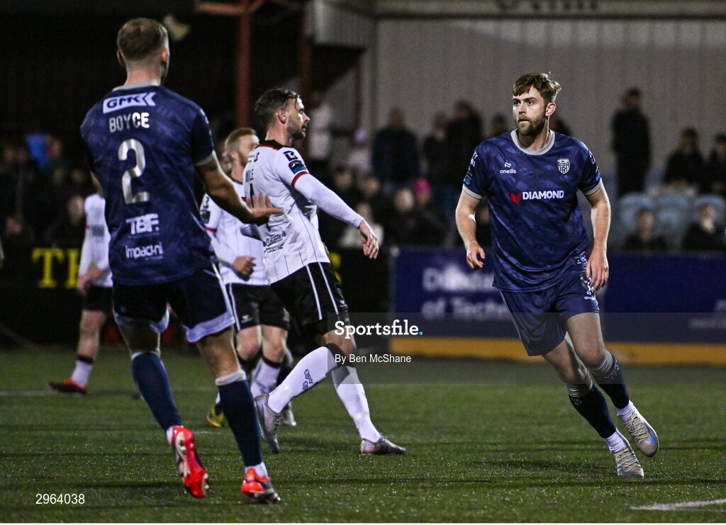18 October 2024; Will Patching of Derry City celebrates after scoring his side's second goal during the SSE Airtricity Men's Premier Division match between Dundalk and Derry City at Oriel Park in Dundalk, Louth. Photo by Ben McShane/Sportsfile