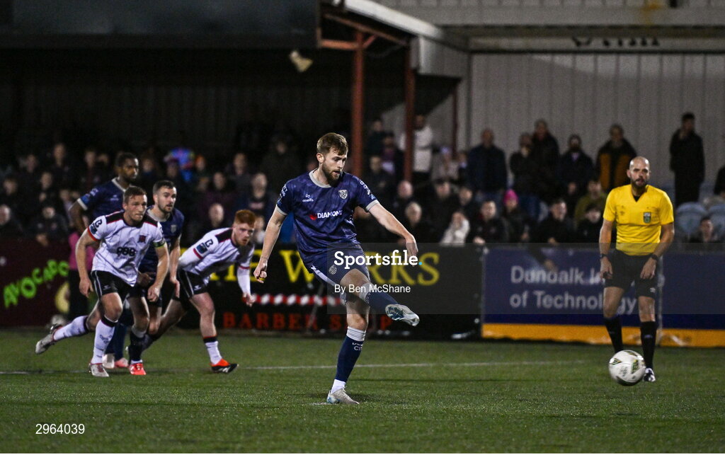 18 October 2024; Will Patching of Derry City scores his side's second goal, a penalty, during the SSE Airtricity Men's Premier Division match between Dundalk and Derry City at Oriel Park in Dundalk, Louth. Photo by Ben McShane/Sportsfile