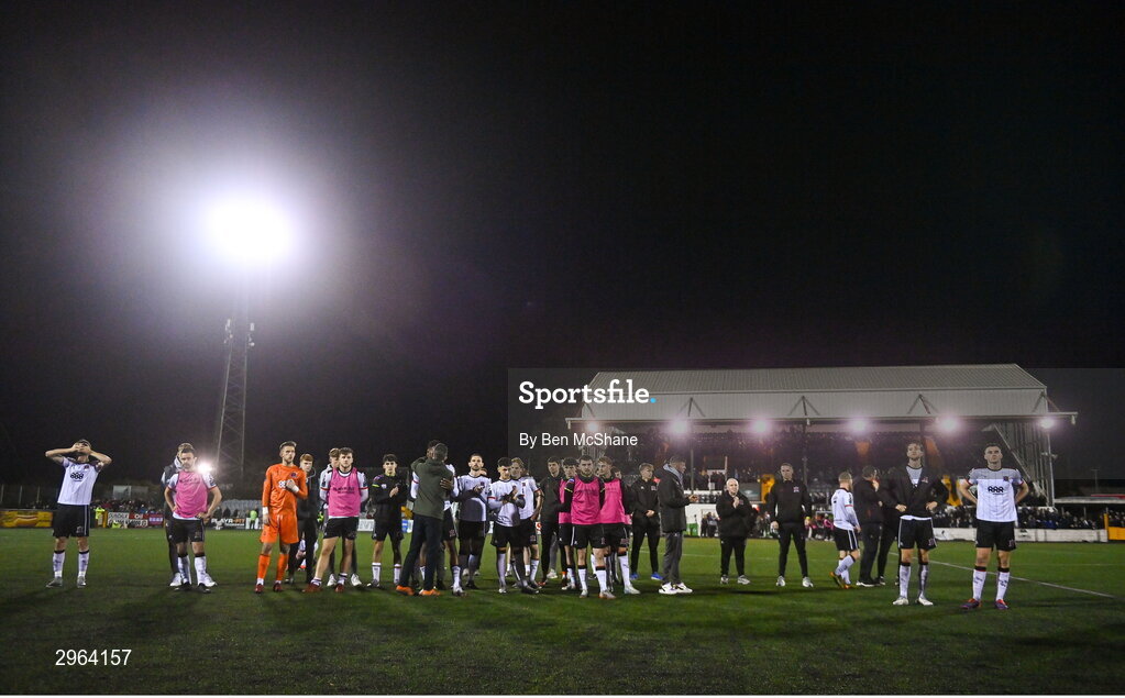 18 October 2024; Dundalk players and staff react as their side is relegated after the SSE Airtricity Men's Premier Division match between Dundalk and Derry City at Oriel Park in Dundalk, Louth. Photo by Ben McShane/Sportsfile