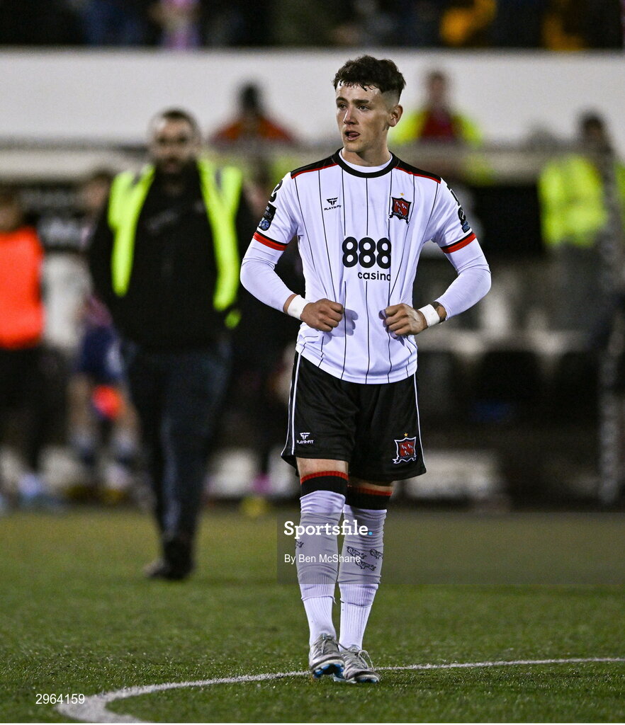 18 October 2024; Ryan O'Kane of Dundalk reacts at the final whistle of the SSE Airtricity Men's Premier Division match between Dundalk and Derry City at Oriel Park in Dundalk, Louth. Photo by Ben McShane/Sportsfile