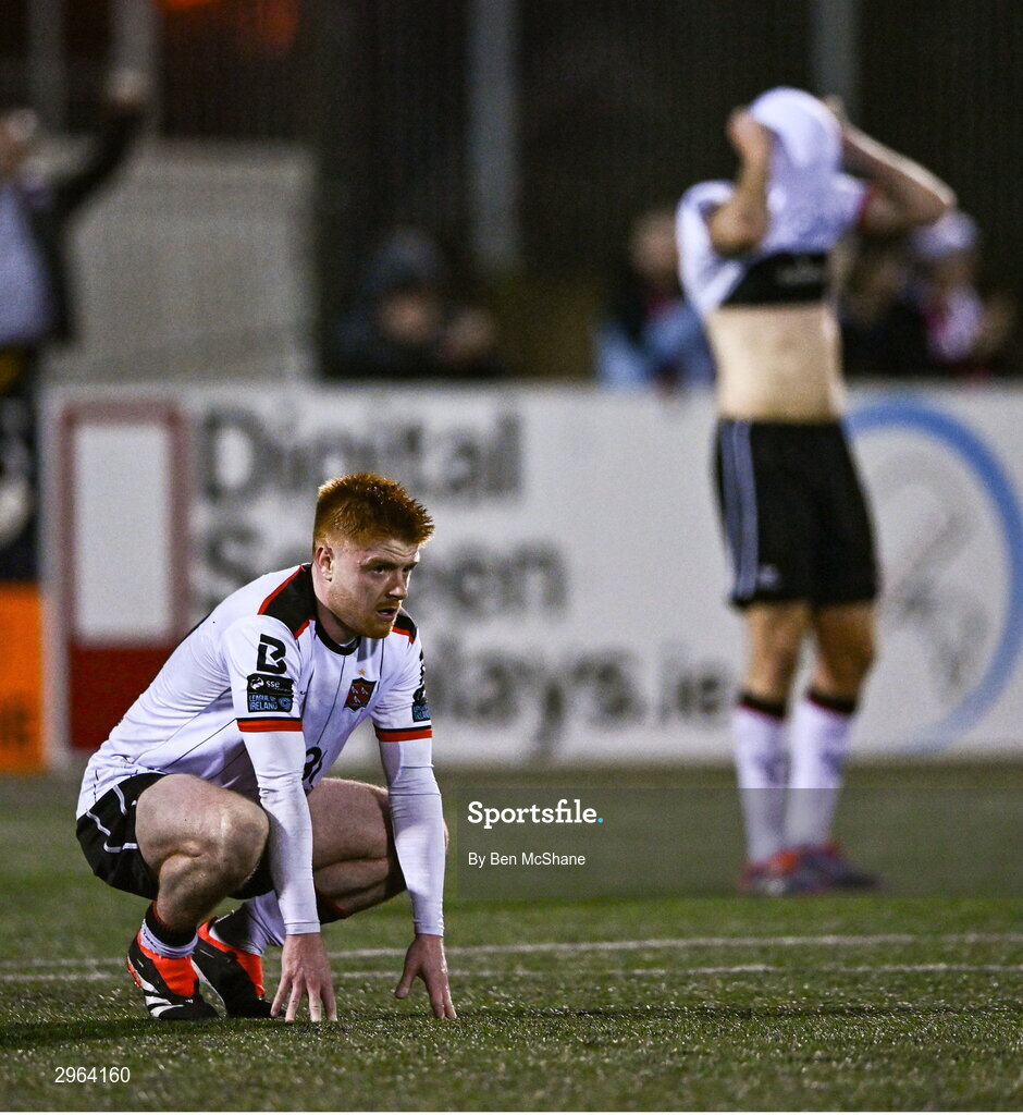 18 October 2024; Aodh Dervin, left, and Hayden Cann of Dundalk react at the final whistle of the SSE Airtricity Men's Premier Division match between Dundalk and Derry City at Oriel Park in Dundalk, Louth. Photo by Ben McShane/Sportsfile