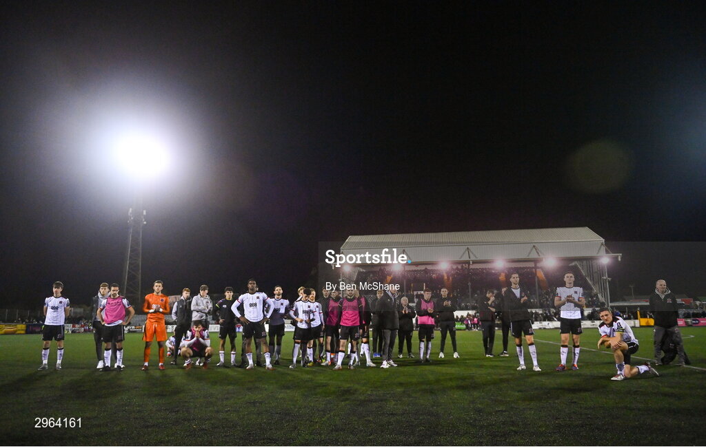 18 October 2024; Dundalk players and staff react as their side is relegated after the SSE Airtricity Men's Premier Division match between Dundalk and Derry City at Oriel Park in Dundalk, Louth. Photo by Ben McShane/Sportsfile