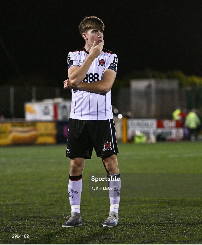 18 October 2024; Eoin Kenny of Dundalk reacts after the SSE Airtricity Men's Premier Division match between Dundalk and Derry City at Oriel Park in Dundalk, Louth. Photo by Ben McShane/Sportsfile