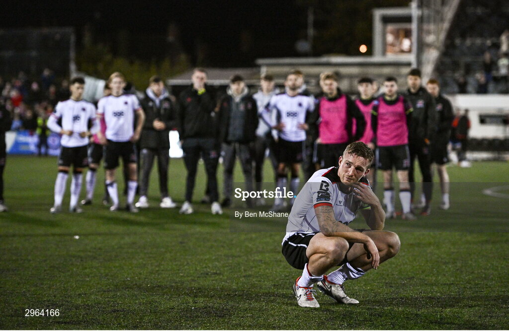 18 October 2024; An emotional Dundalk captain John Mountney reacts after his side are relegated after the SSE Airtricity Men's Premier Division match between Dundalk and Derry City at Oriel Park in Dundalk, Louth. Photo by Ben McShane/Sportsfile