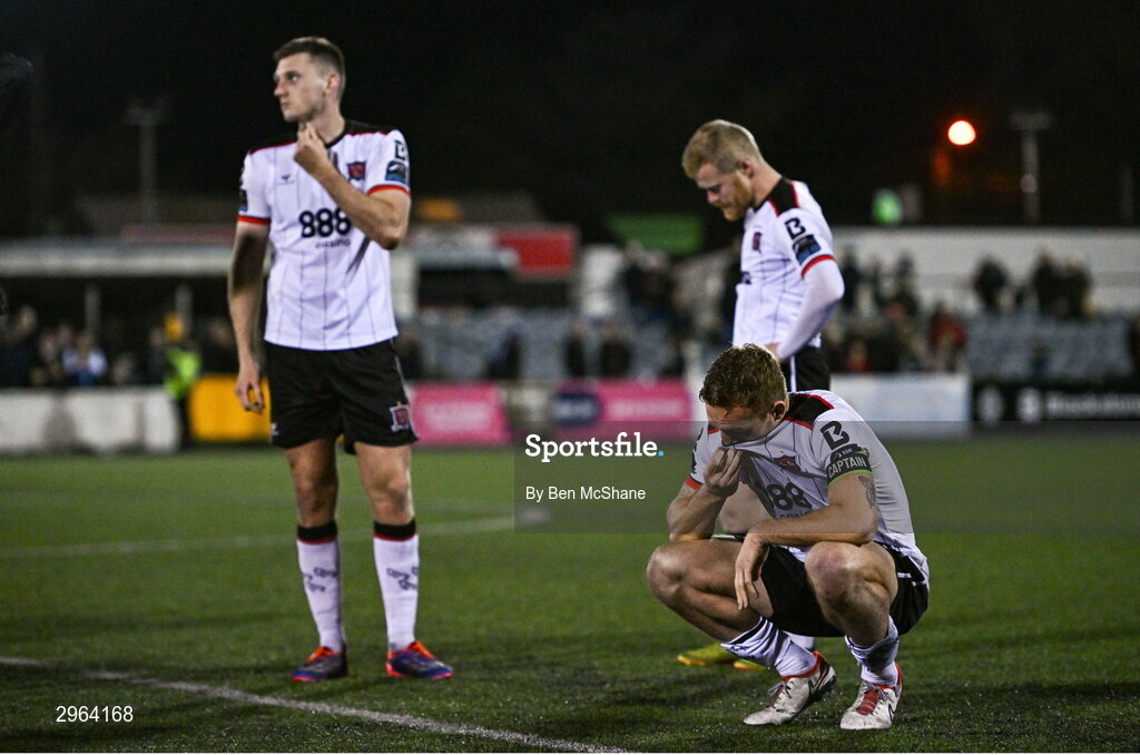 18 October 2024; Dundalk players, from left, Hayden Cann, Daryl Horgan and John Mountney react after the SSE Airtricity Men's Premier Division match between Dundalk and Derry City at Oriel Park in Dundalk, Louth. Photo by Ben McShane/Sportsfile