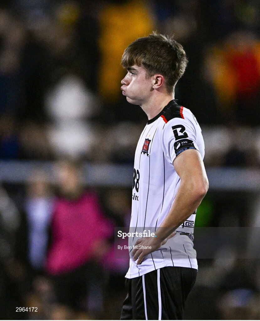 18 October 2024; Eoin Kenny of Dundalk reacts at the final whistle of the SSE Airtricity Men's Premier Division match between Dundalk and Derry City at Oriel Park in Dundalk, Louth. Photo by Ben McShane/Sportsfile
