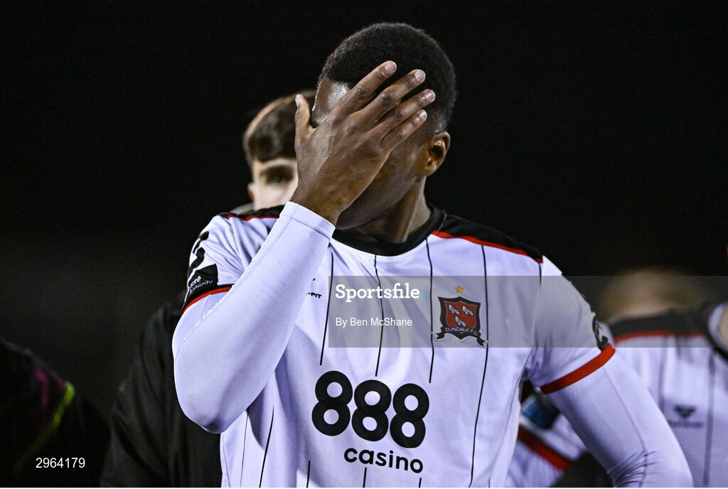18 October 2024; An emotional Mayowa Animasahun of Dundalk reacts after his side is relegated after the SSE Airtricity Men's Premier Division match between Dundalk and Derry City at Oriel Park in Dundalk, Louth. Photo by Ben McShane/Sportsfile