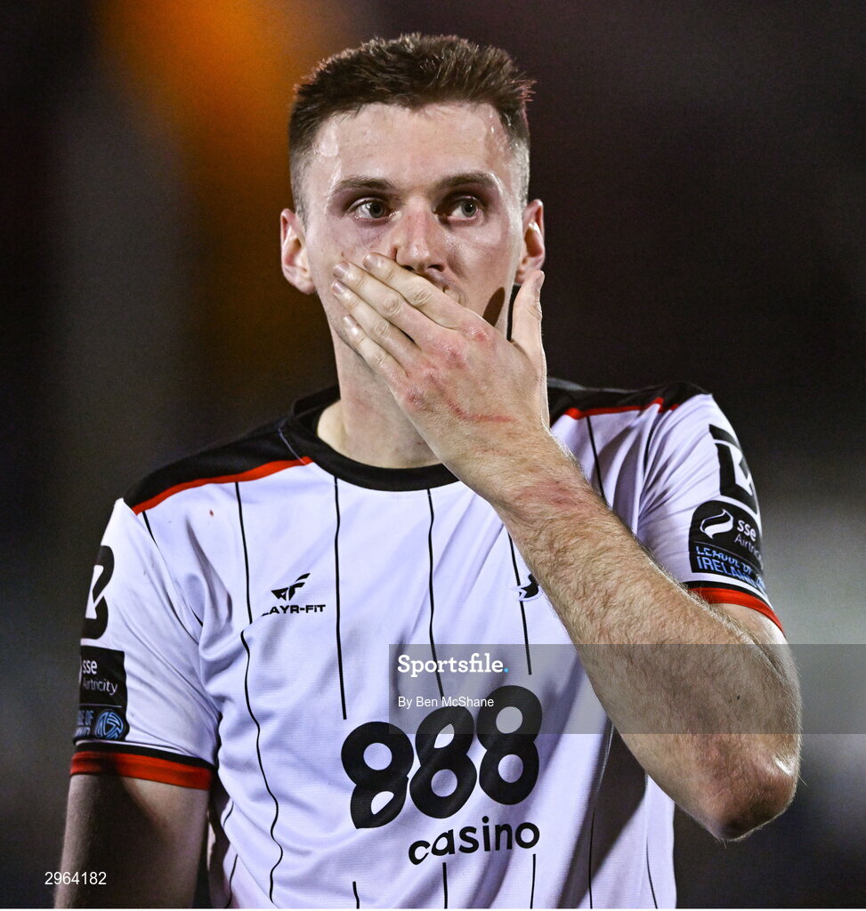 18 October 2024; Hayden Cann of Dundalk reacts after the SSE Airtricity Men's Premier Division match between Dundalk and Derry City at Oriel Park in Dundalk, Louth. Photo by Ben McShane/Sportsfile
