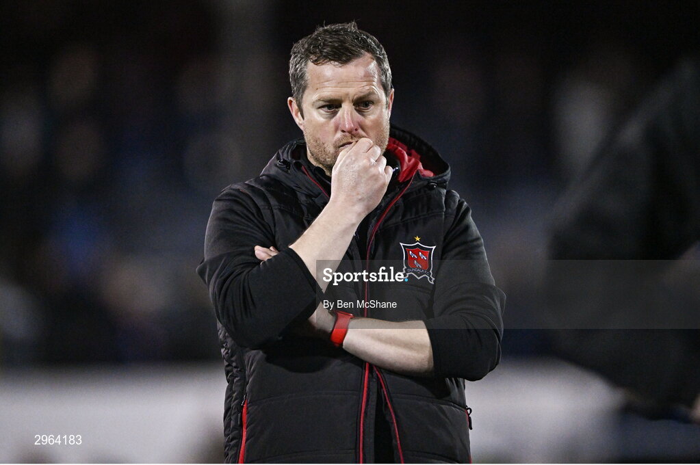 18 October 2024; Dundalk manager Jon Daly reacts as his side is relagated after the SSE Airtricity Men's Premier Division match between Dundalk and Derry City at Oriel Park in Dundalk, Louth. Photo by Ben McShane/Sportsfile
