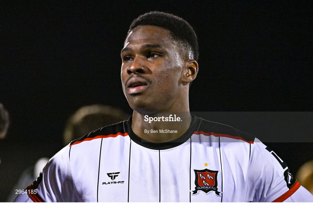 18 October 2024; An emotional Mayowa Animasahun of Dundalk reacts after his side is relegated after the SSE Airtricity Men's Premier Division match between Dundalk and Derry City at Oriel Park in Dundalk, Louth. Photo by Ben McShane/Sportsfile