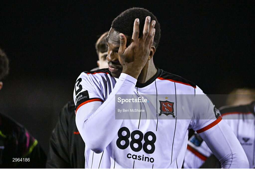 18 October 2024; An emotional Mayowa Animasahun of Dundalk reacts after his side is relegated after the SSE Airtricity Men's Premier Division match between Dundalk and Derry City at Oriel Park in Dundalk, Louth. Photo by Ben McShane/Sportsfile