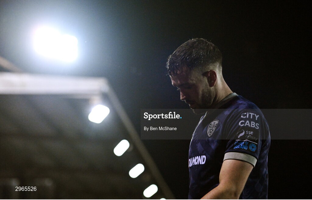 18 October 2024; Michael Duffy of Derry City during the SSE Airtricity Men's Premier Division match between Dundalk and Derry City at Oriel Park in Dundalk, Louth. Photo by Ben McShane/Sportsfile