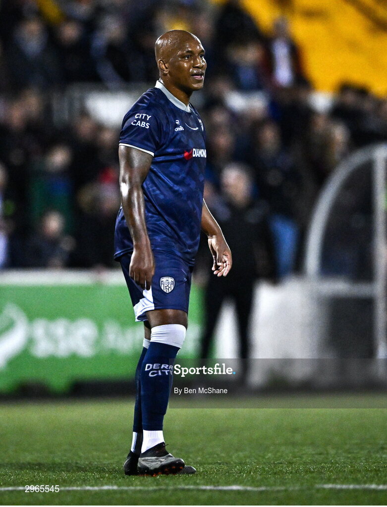 18 October 2024; Andre Wisdom of Derry City during the SSE Airtricity Men's Premier Division match between Dundalk and Derry City at Oriel Park in Dundalk, Louth. Photo by Ben McShane/Sportsfile
