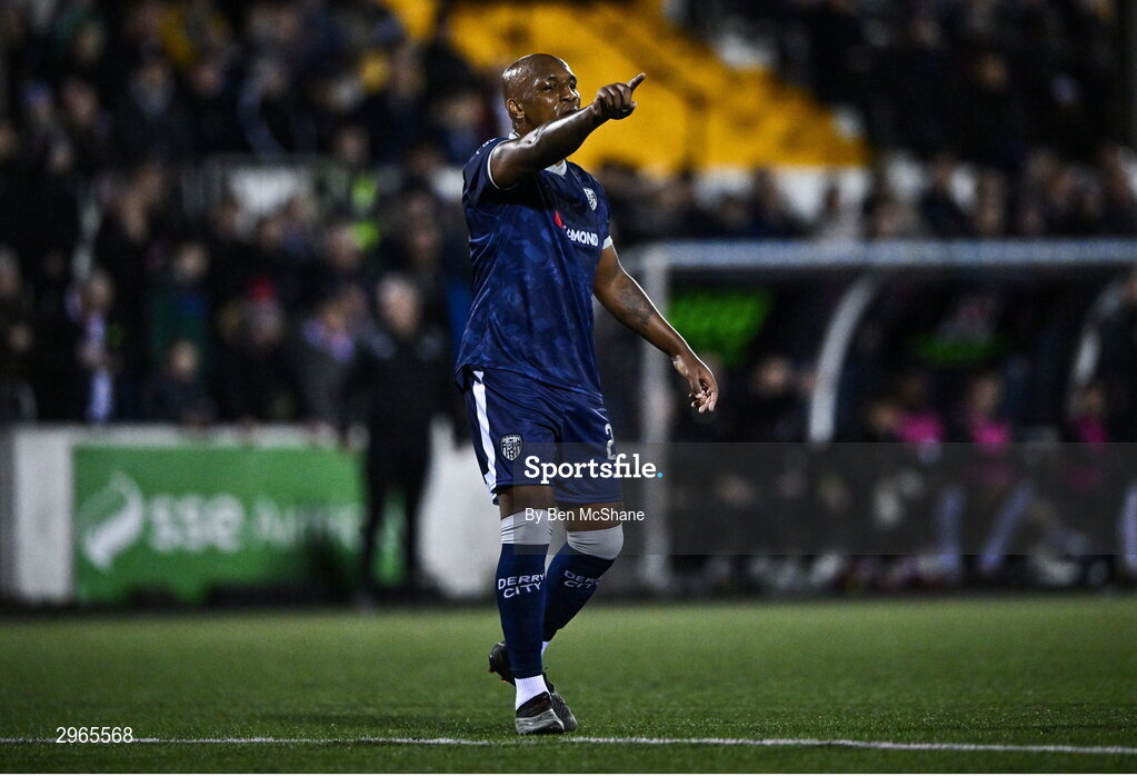 18 October 2024; Andre Wisdom of Derry City during the SSE Airtricity Men's Premier Division match between Dundalk and Derry City at Oriel Park in Dundalk, Louth. Photo by Ben McShane/Sportsfile