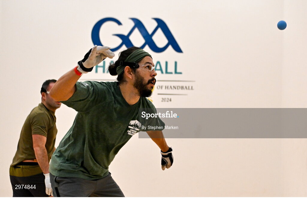 30 October 2024; Daniel Cordova of Juarez, Mexico, in action against Peter Funchion of Kells, Kilkenny, during the Open Men's round of 16, during day five of the O'Neills.com World 4-Wall Championships at Croke Park in Dublin. Photo by Stephen Marken/Sportsfile