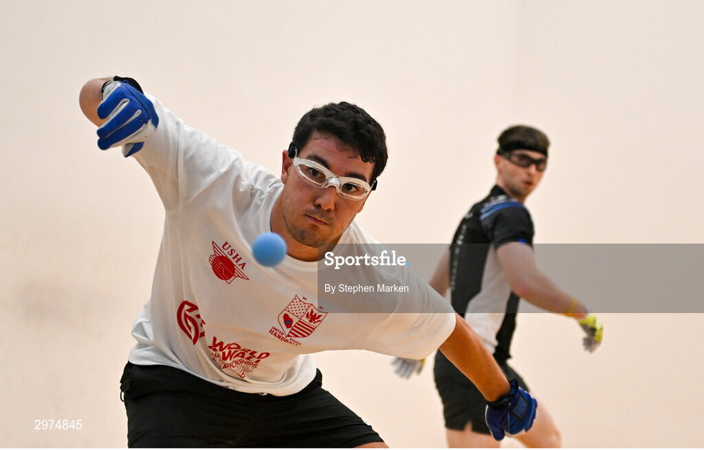 30 October 2024; Leo Canales of USA in action against David Walshl of Mallow, Cork, during the Open Men's round of 16, during day five of the O'Neills.com World 4-Wall Championships at Croke Park in Dublin. Photo by Stephen Marken/Sportsfile