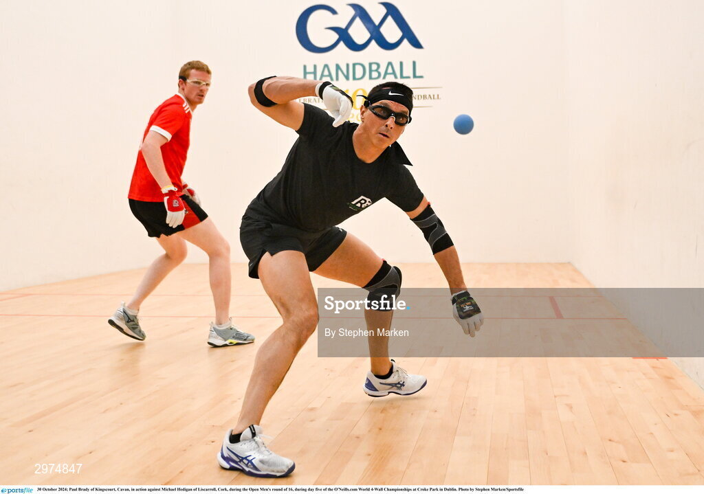 30 October 2024; Paul Brady of Kingscourt, Cavan, in action against Michael Hedigan of Liscarroll, Cork, during the Open Men's round of 16, during day five of the O'Neills.com World 4-Wall Championships at Croke Park in Dublin. Photo by Stephen Marken/Sportsfile