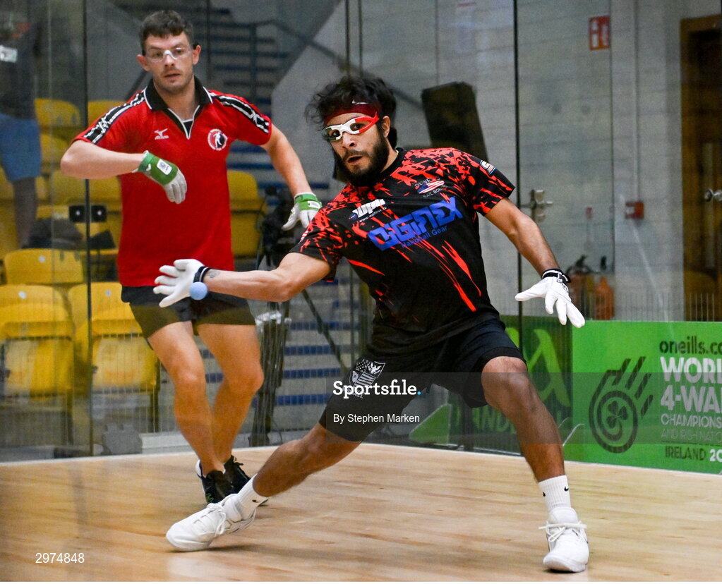 30 October 2024; Ivan Burgos of USA in action against Killian Carroll of USA during the Open Men's round of 16, during day five of the O'Neills.com World 4-Wall Championships at Croke Park in Dublin. Photo by Stephen Marken/Sportsfile