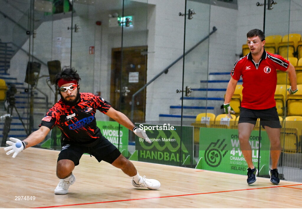 30 October 2024; Ivan Burgos of USA in action against Killian Carroll of USA during the Open Men's round of 16, during day five of the O'Neills.com World 4-Wall Championships at Croke Park in Dublin. Photo by Stephen Marken/Sportsfile