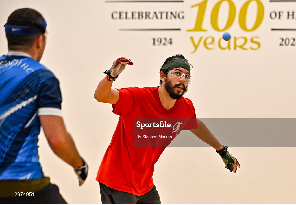 30 October 2024; Daniel Cordova of Juarez, Mexico, in action against Peter Funchion of Kells, Kilkenny, during the Open Men's round of 16, during day five of the O'Neills.com World 4-Wall Championships at Croke Park in Dublin. Photo by Stephen Marken/Sportsfile
