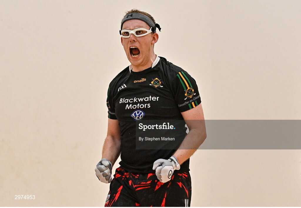 30 October 2024; Daniel Relihan of Liscarroll, Cork, celebrates after winning his round of 16 match against Luis 'Lucho' Cordova of Juarez, Mexico, during day five of the O'Neills.com World 4-Wall Championships at Croke Park in Dublin. Photo by Stephen Marken/Sportsfile