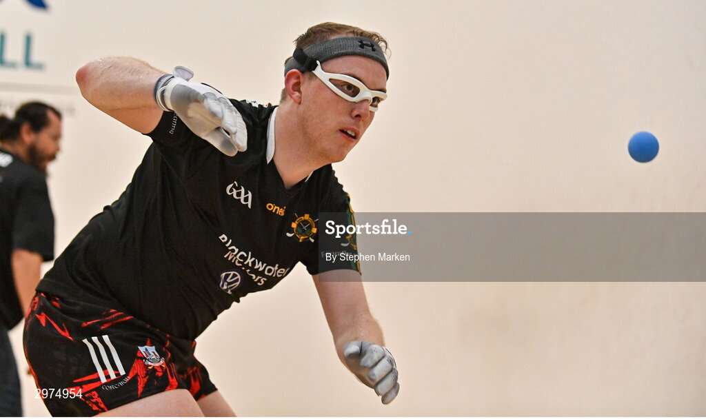 30 October 2024; Daniel Relihan of Liscarroll, Cork, in action against  Luis 'Lucho' Cordova of Juarez, Mexico, in the Open Men's round of 16 during day five of the O'Neills.com World 4-Wall Championships at Croke Park in Dublin. Photo by Stephen Marken/Sportsfile