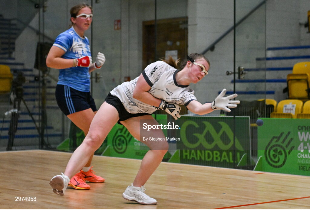 30 October 2024; Niamh Heffernan of Claregalway, Galway, in action against Cuileann Burke of Belcarra, Mayo, in the Open Ladies round of 16 during day five of the O'Neills.com World 4-Wall Championships at Croke Park in Dublin. Photo by Stephen Marken/Sportsfile
