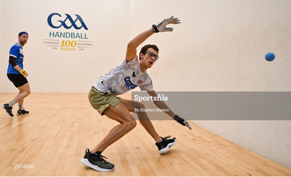 30 October 2024; Ray Ure of USA in action against Diarmuid Nash of Tuamgraney, Clare, in the Open Men's round of 16 during day five of the O'Neills.com World 4-Wall Championships at Croke Park in Dublin. Photo by Stephen Marken/Sportsfile