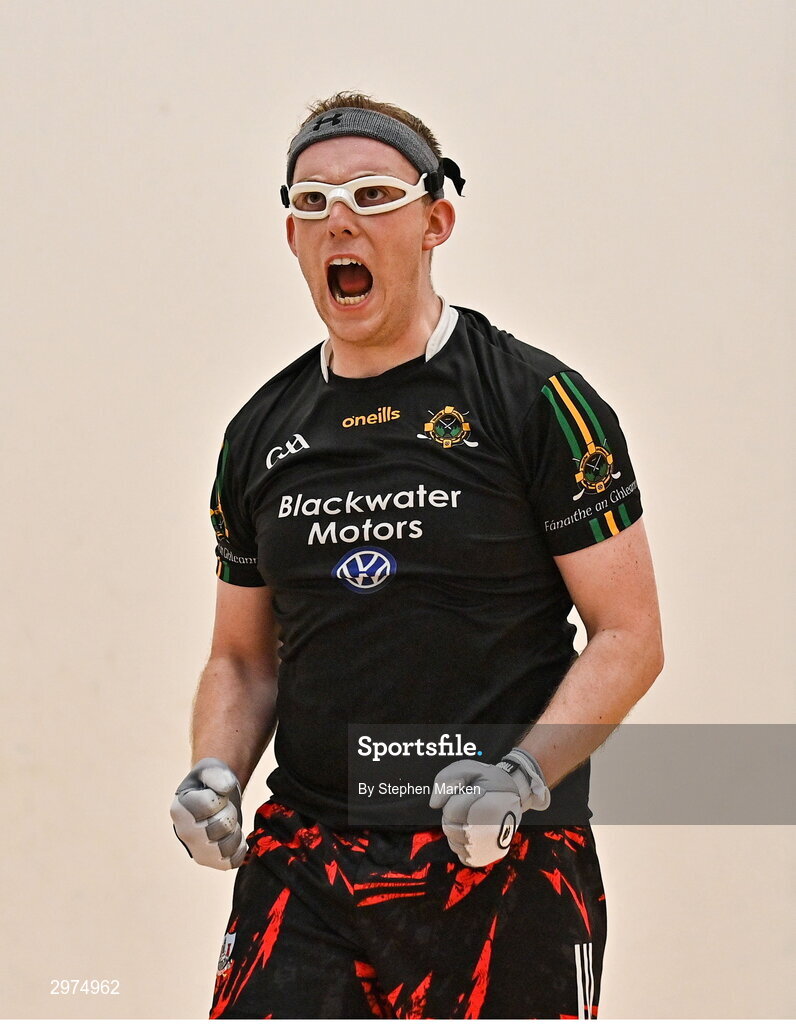 30 October 2024; Daniel Relihan of Liscarroll, Cork, celebrates after winning his round of 16 match against Luis 'Lucho' Cordova of Juarez, Mexico, during day five of the O'Neills.com World 4-Wall Championships at Croke Park in Dublin. Photo by Stephen Marken/Sportsfile