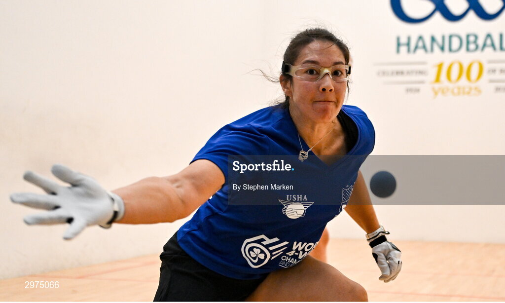 30 October 2024; Mikaila Esser of USA in action in the Open Ladies round of 16 during day five of the O'Neills.com World 4-Wall Championships at Croke Park in Dublin. Photo by Stephen Marken/Sportsfile