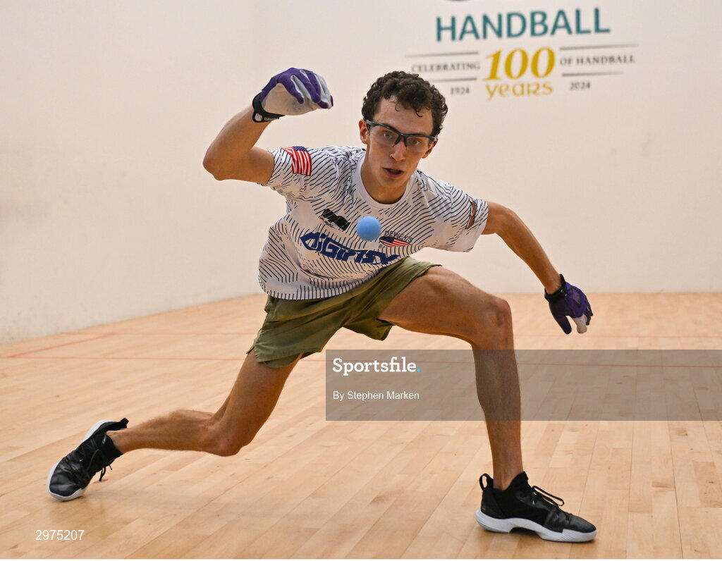 30 October 2024; Ray Ure of USA in action against Diarmuid Nash of Tuamgraney, Clare, in the Open Men's round of 16 during day five of the O'Neills.com World 4-Wall Championships at Croke Park in Dublin. Photo by Stephen Marken/Sportsfile