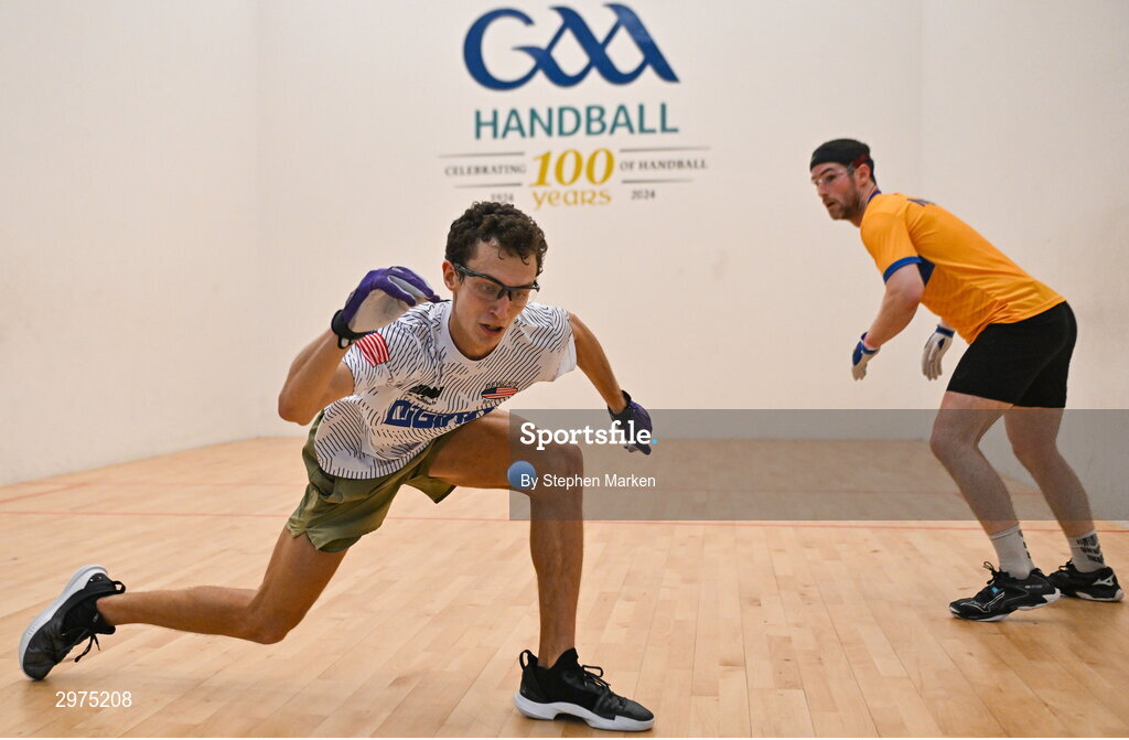 30 October 2024; Ray Ure of USA in action against Diarmuid Nash of Tuamgraney, Clare, in the Open Men's round of 16 during day five of the O'Neills.com World 4-Wall Championships at Croke Park in Dublin. Photo by Stephen Marken/Sportsfile